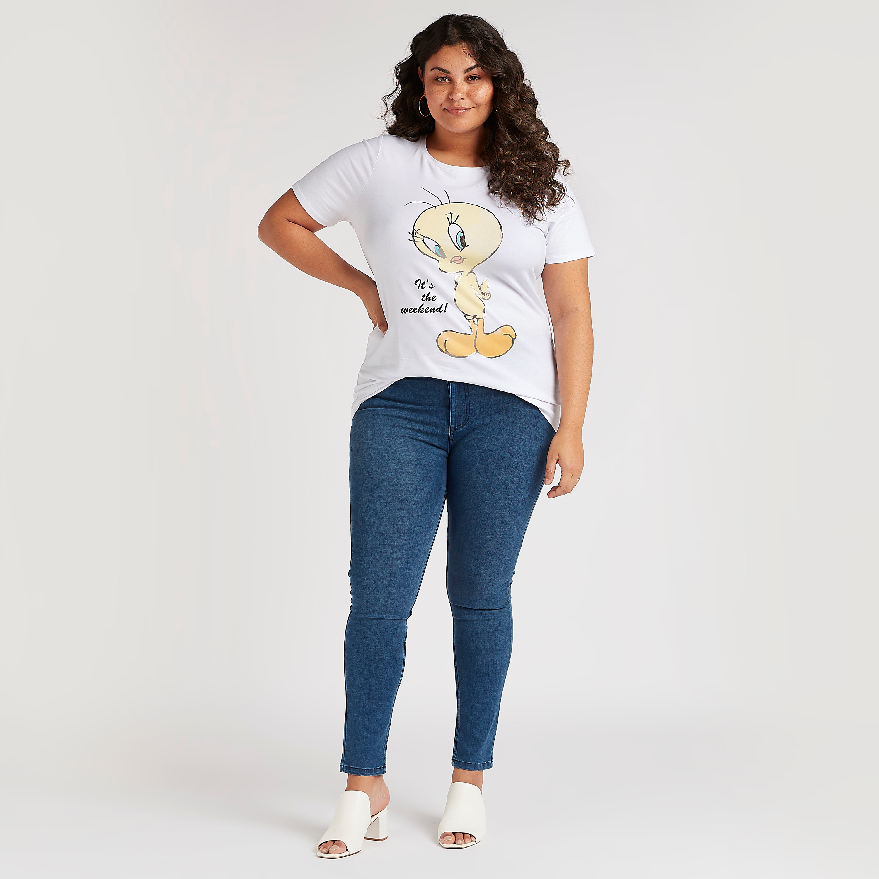 Tweety Bird Print Crew Neck T-shirt with Short Sleeves-women-clothing-tshirts-image-2