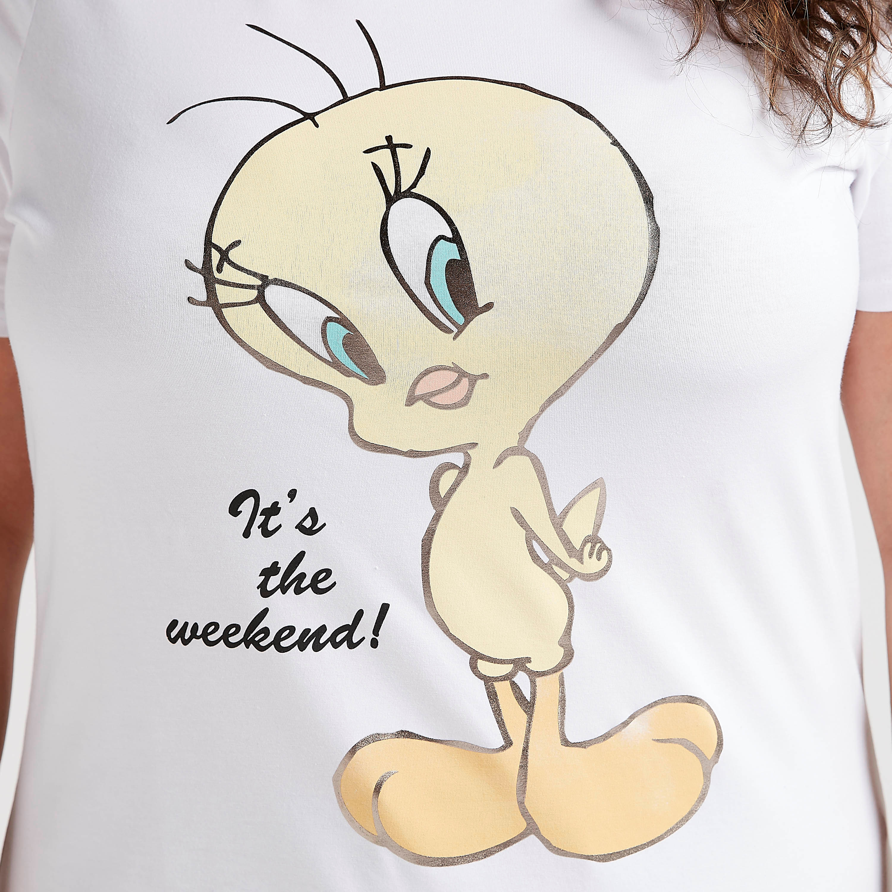 Tweety Bird Print Crew Neck T-shirt with Short Sleeves-women-clothing-tshirts-image-3
