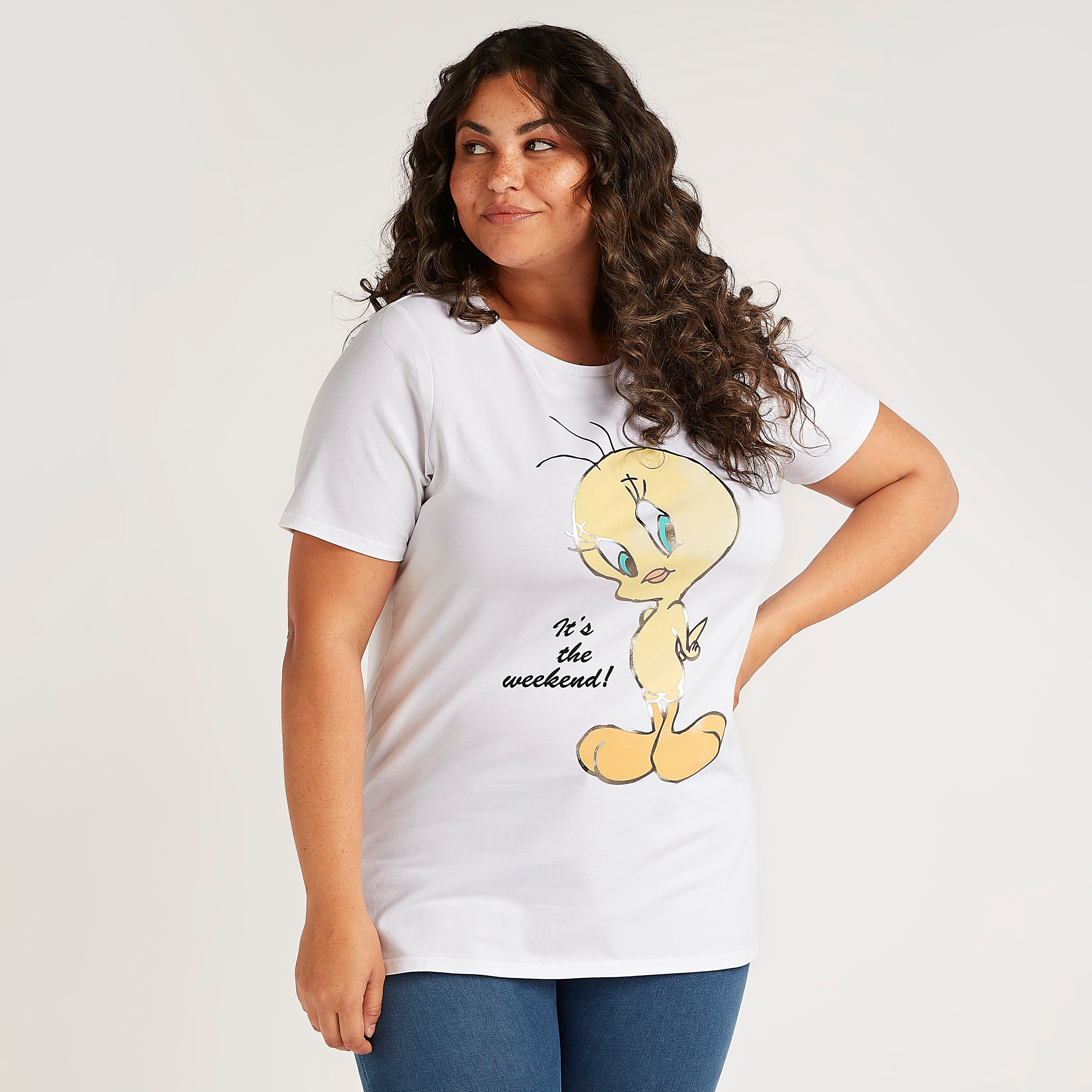 Tweety Bird Print Crew Neck T-shirt with Short Sleeves-women-clothing-tshirts-image-5