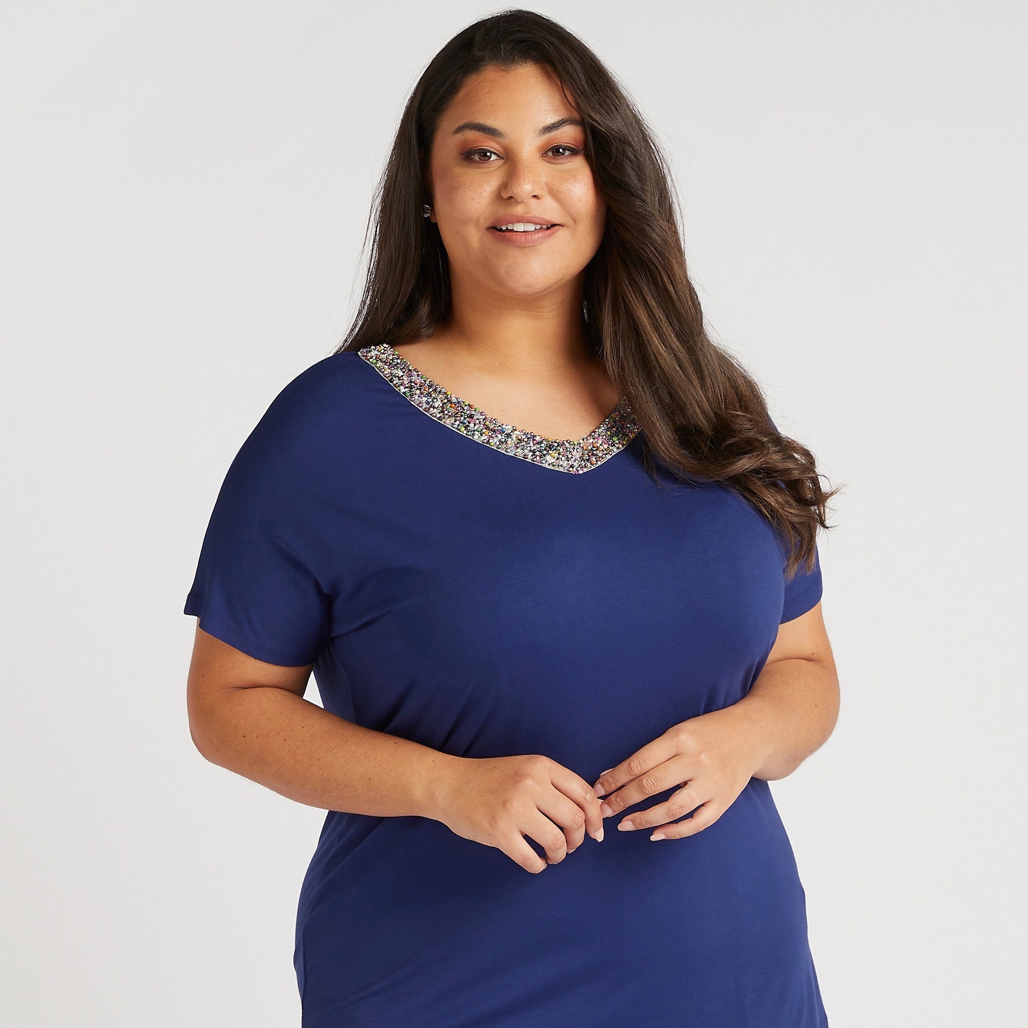 Embellished V-neck T-shirt with Short Sleeves-women-clothing-tshirts-image-1