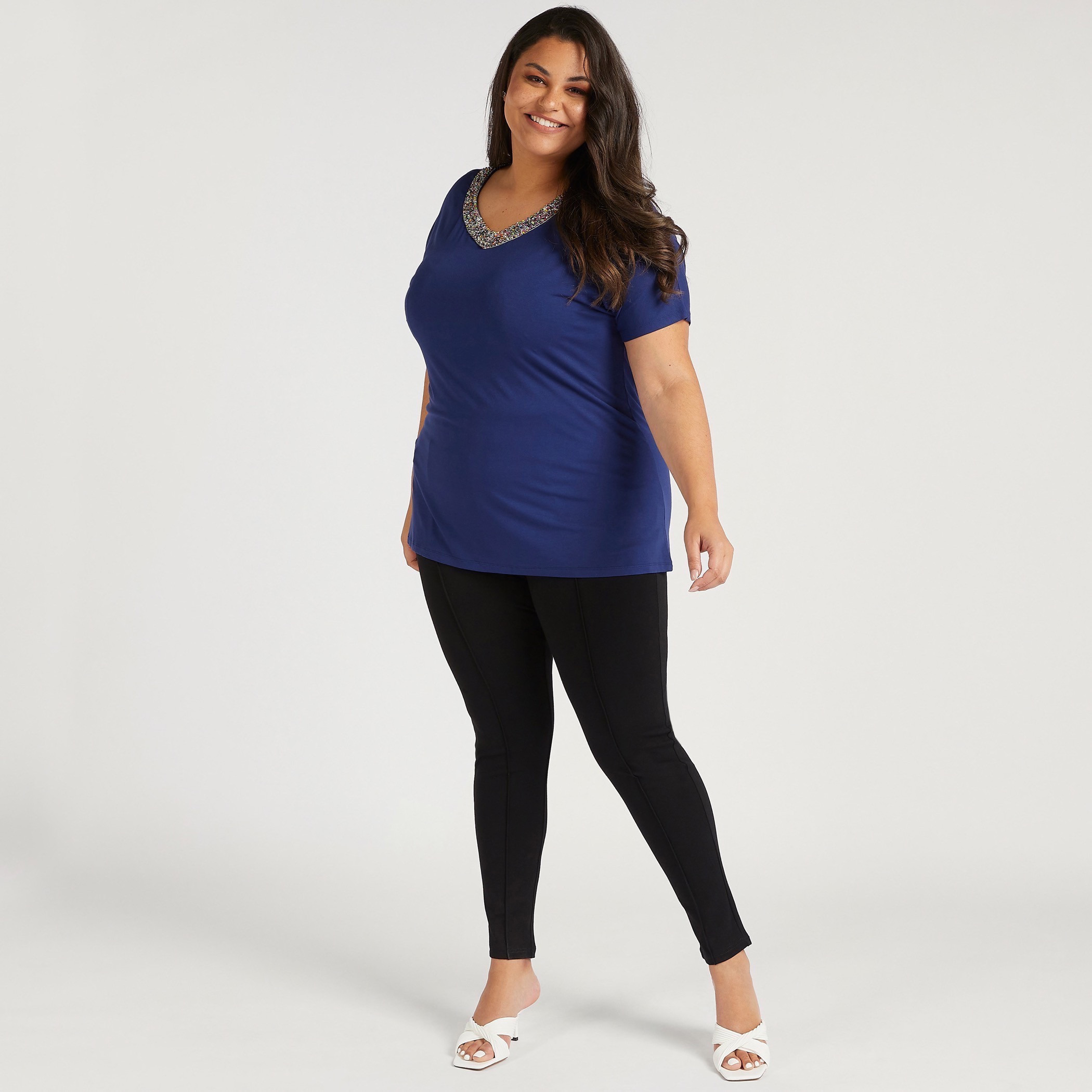 Embellished V-neck T-shirt with Short Sleeves-women-clothing-tshirts-image-2
