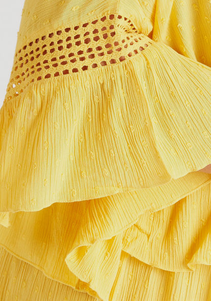 Schiffli Detail V-neck Longline Dress with Ruffled Sleeves