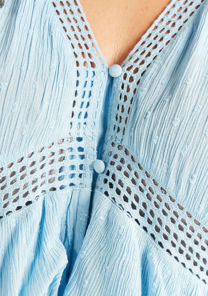 Schiffli Detail V-neck Longline Dress with Ruffled Sleeves