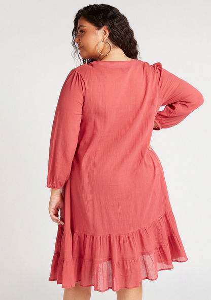 Solid A-line Midi Tunic with Lace Details and Long Sleeves