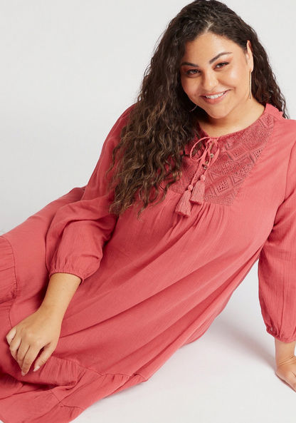 Solid A-line Midi Tunic with Lace Details and Long Sleeves