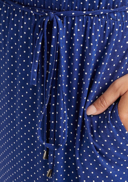 Polka Dot Maxi Sleeveless Shift Dress with Tie-Up Belt and Pockets
