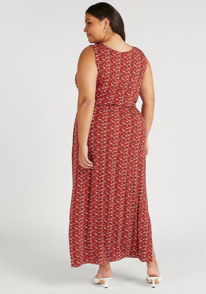 Floral Print Maxi Sleeveless Shift Dress with Tie-Up Belt and Pockets