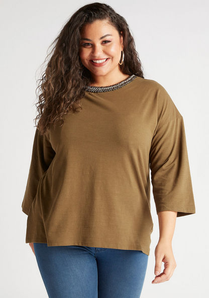 Embellished Neck T-shirt with 3/4 Sleeves
