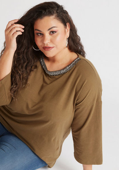 Embellished Neck T-shirt with 3/4 Sleeves