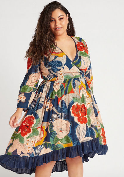 Floral Print Midi Wrap Dress with Asymmetric Hem