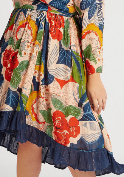 Floral Print Midi Wrap Dress with Asymmetric Hem