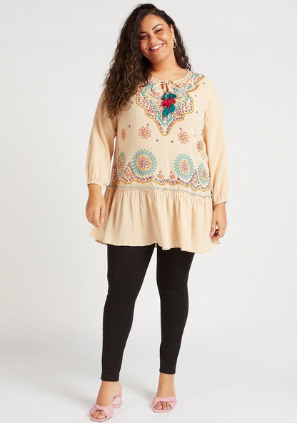 Embroidered Round Neck Tunic with Neck Tie-Ups