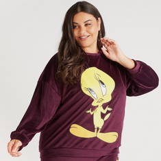 Tweety Print Crew Neck Sweatshirt with Long Sleeves