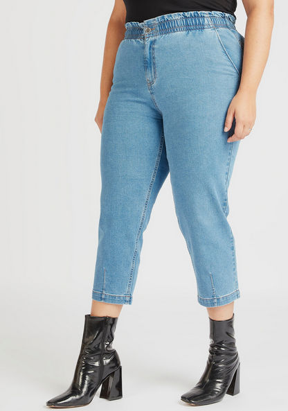 Solid Cropped Jeans with Elasticated Waistband