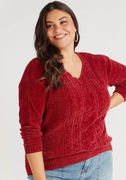 Textured V-neck Sweater with Long Sleeves