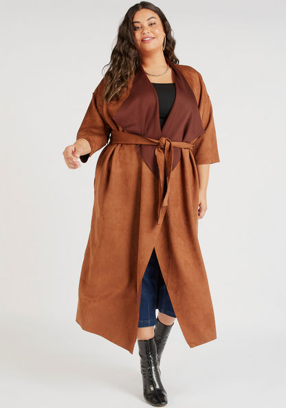 Solid Longline Coat with Tie-Up Belt and Pockets