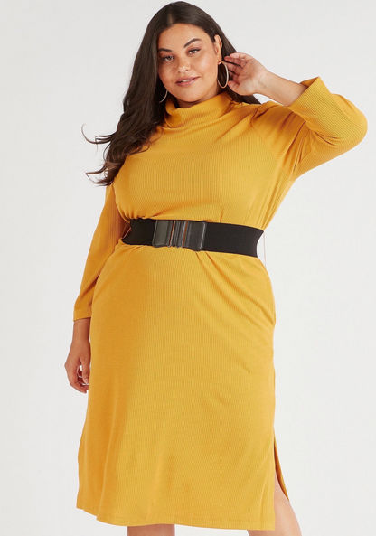 Textured Turtle Neck Midi Shift Dress with Pockets and Belt