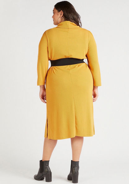 Textured Turtle Neck Midi Shift Dress with Pockets and Belt