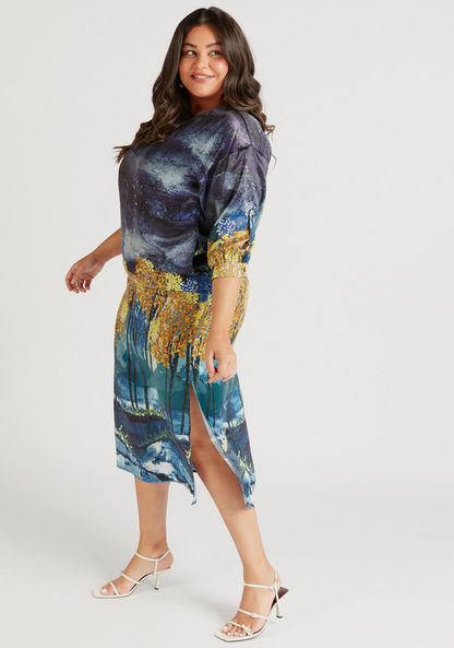 Printed Midi A-line Dress with V-neck and Side Slit