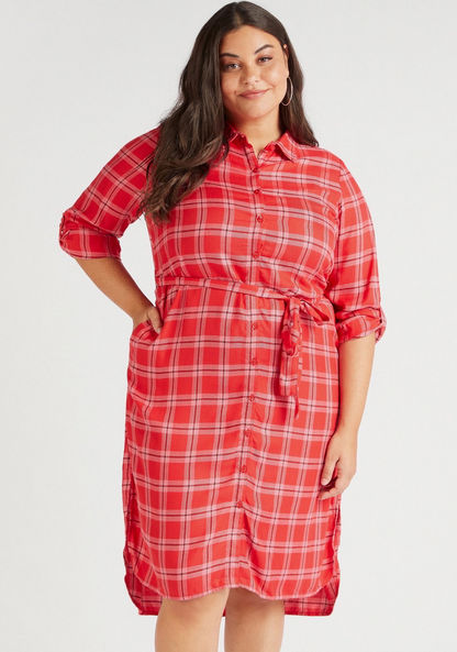 Checked Long Sleeves Tunic with Tie-Up Belt and Pockets