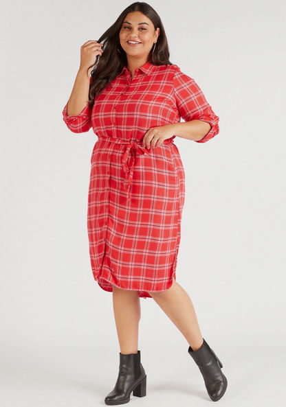 Checked Long Sleeves Tunic with Tie-Up Belt and Pockets