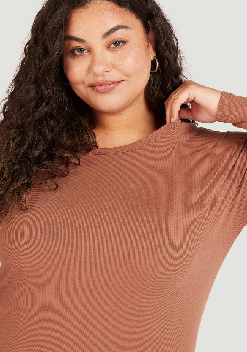Textured Round Neck T-shirt with Long Sleeves-Tops-image-2