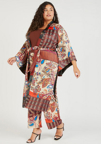 Printed Kimono with Tie-Up Belt and Slit Detail-Kimonos-image-0