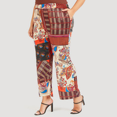 Printed Mid-Rise Wide Leg Trousers with Elasticated Waistband