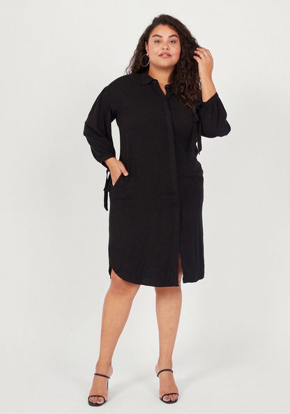 Solid Midi Shirt Dress with Pockets and Long Sleeves-Dresses-image-0