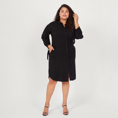 Solid Midi Shirt Dress with Pockets and Long Sleeves