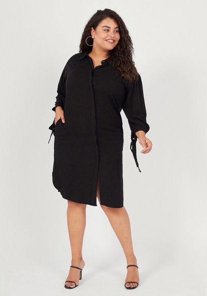 Solid Midi Shirt Dress with Pockets and Long Sleeves-Dresses-image-1