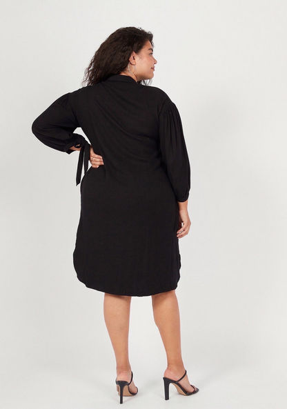 Solid Midi Shirt Dress with Pockets and Long Sleeves-Dresses-image-3