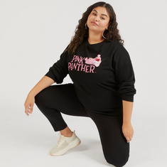 Pink Panther Print Crew Neck Sweatshirt with Long Sleeves