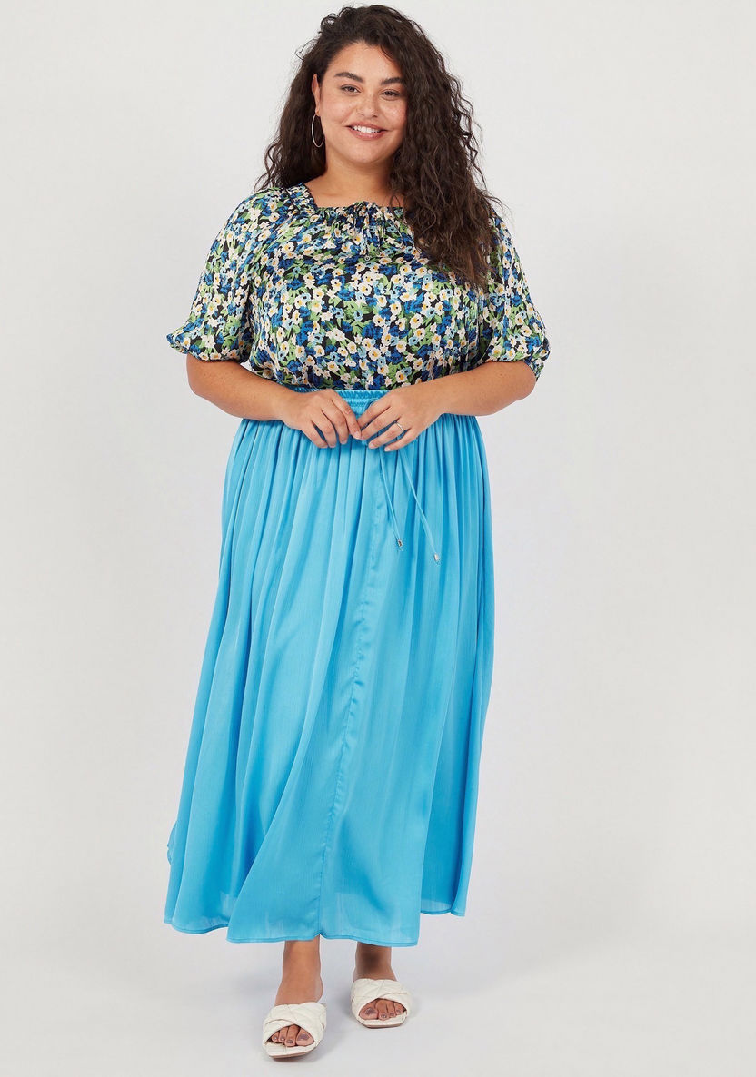 Textured Maxi A-Line Skirt with Drawstring Closure-Skirts-image-1