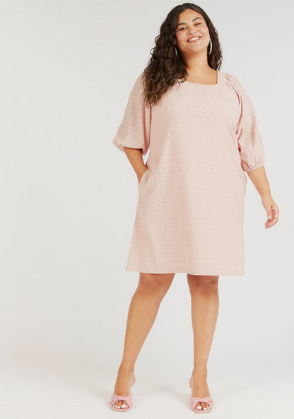 Schiffli Detail Midi A-line Dress with 3/4 Sleeves and Pockets-Dresses-image-1