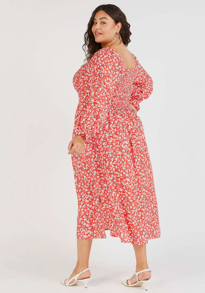 Floral Print Midi A-line Dress with Square Neck and Pockets-Dresses-image-3