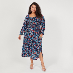 Floral Print Midi A-line Dress with Square Neck and Pockets