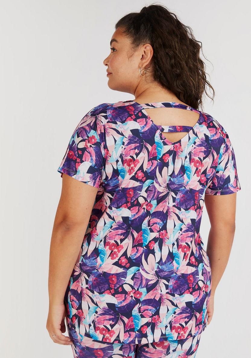 Floral Print V-neck T-shirt with Short Sleeves-T Shirts-image-3