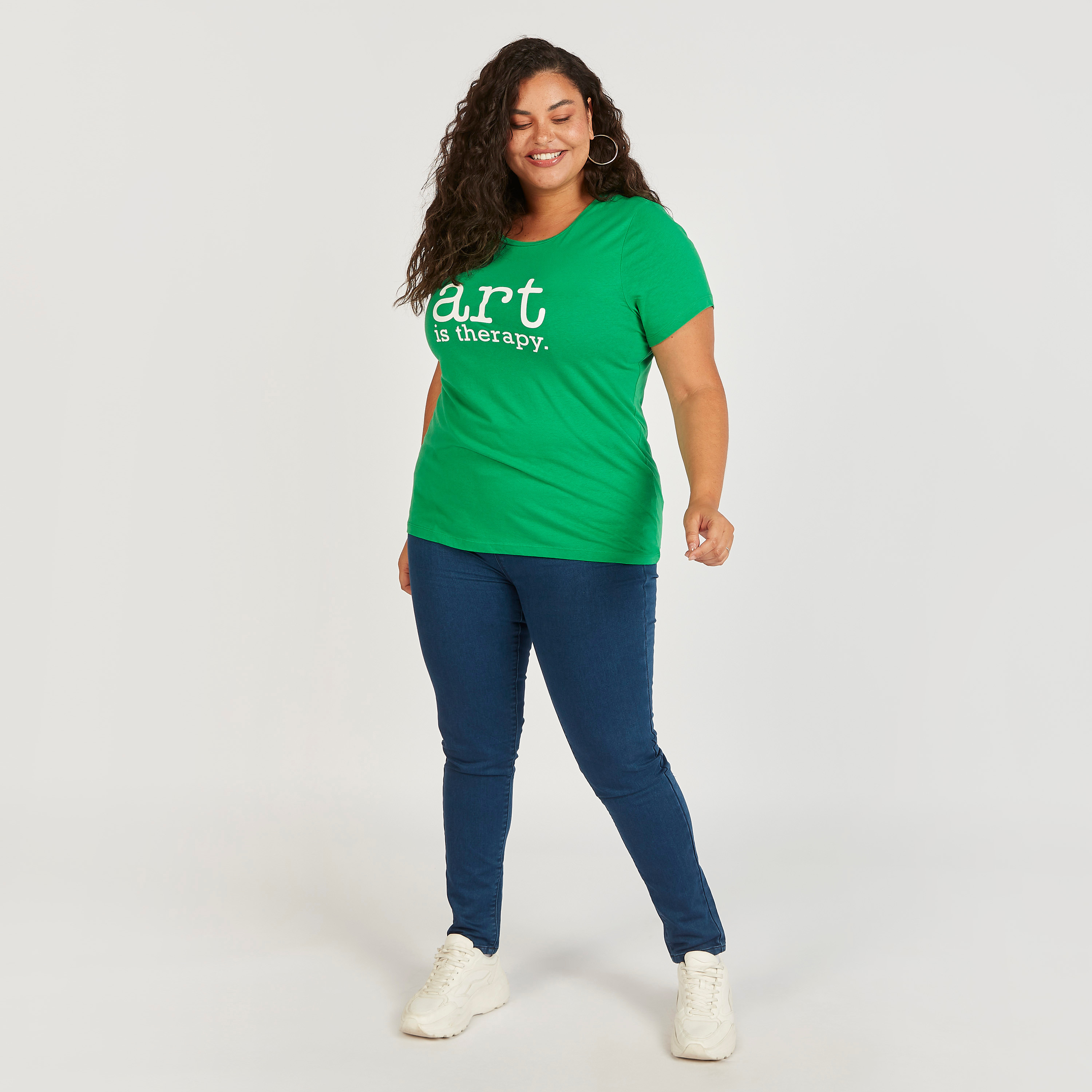 Typographic Print Round Neck T-shirt with Short Sleeves-women-clothing-tshirts-image-2