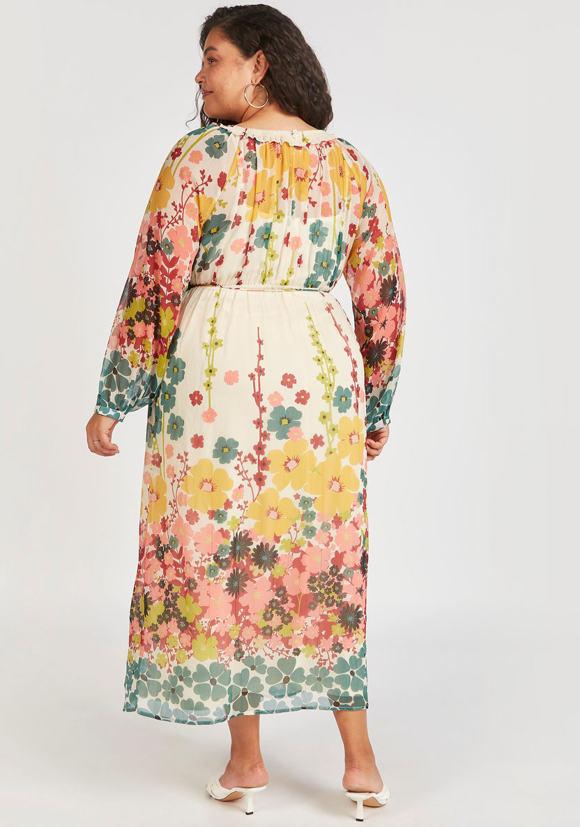 Floral Print Maxi A-line Dress with Tie-Up Belt-Dresses-image-3