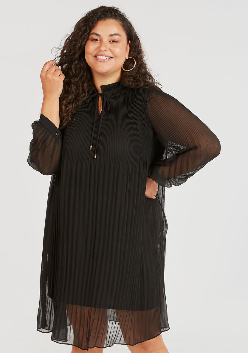 Pleated High Neck Tunic with Tie-Up Detail and 3/4 Sleeves-Tunics-image-0