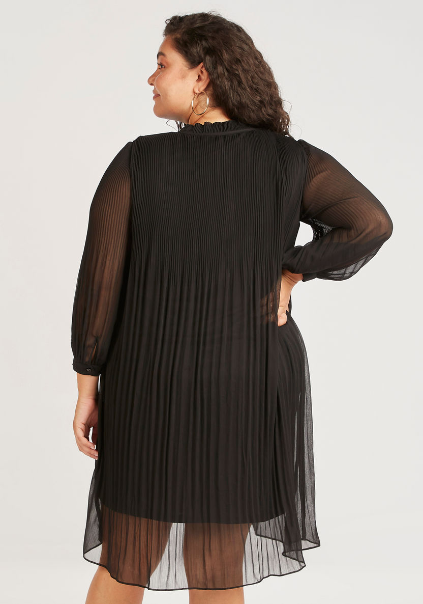 Pleated High Neck Tunic with Tie-Up Detail and 3/4 Sleeves-Tunics-image-2