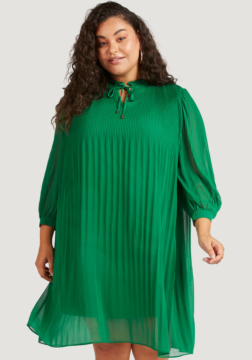 Pleated Tunic with Tie-Up Neck and Long Sleeves-Shirts & Blouses-image-0