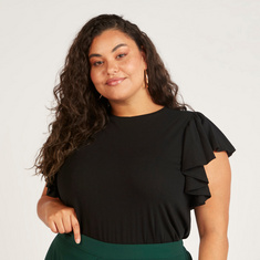 Solid Sleeveless Top with Crew Neck and Ruffle Detail