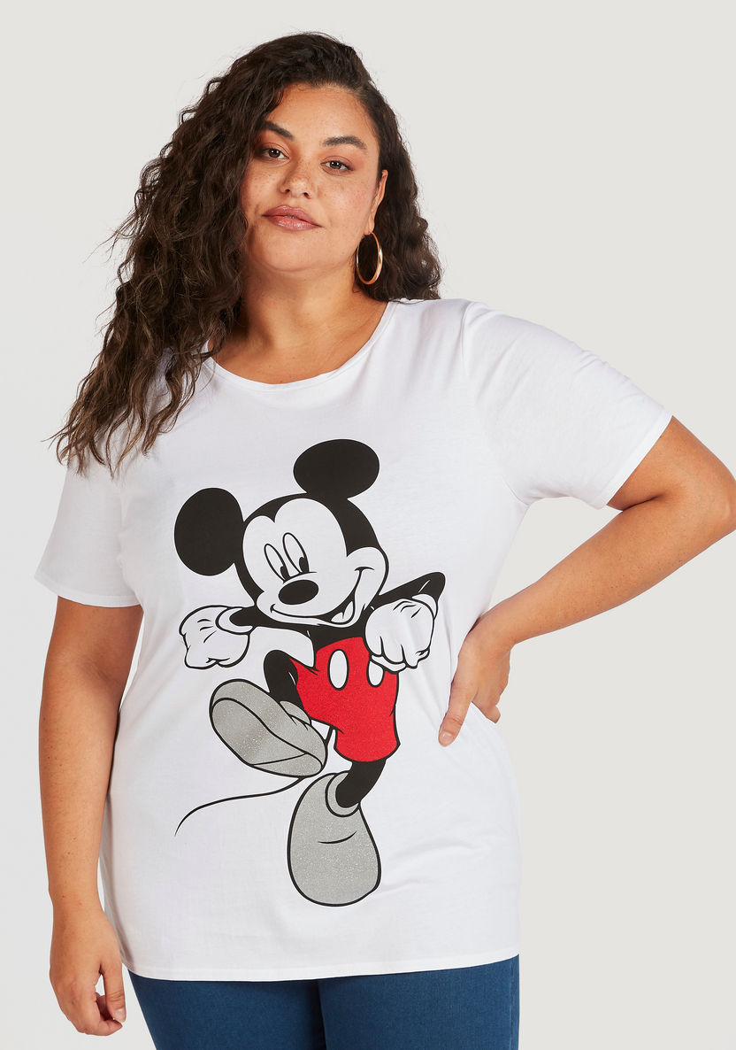 Mickey Mouse Print Round Neck T-shirt with Short Sleeves-T Shirts-image-1