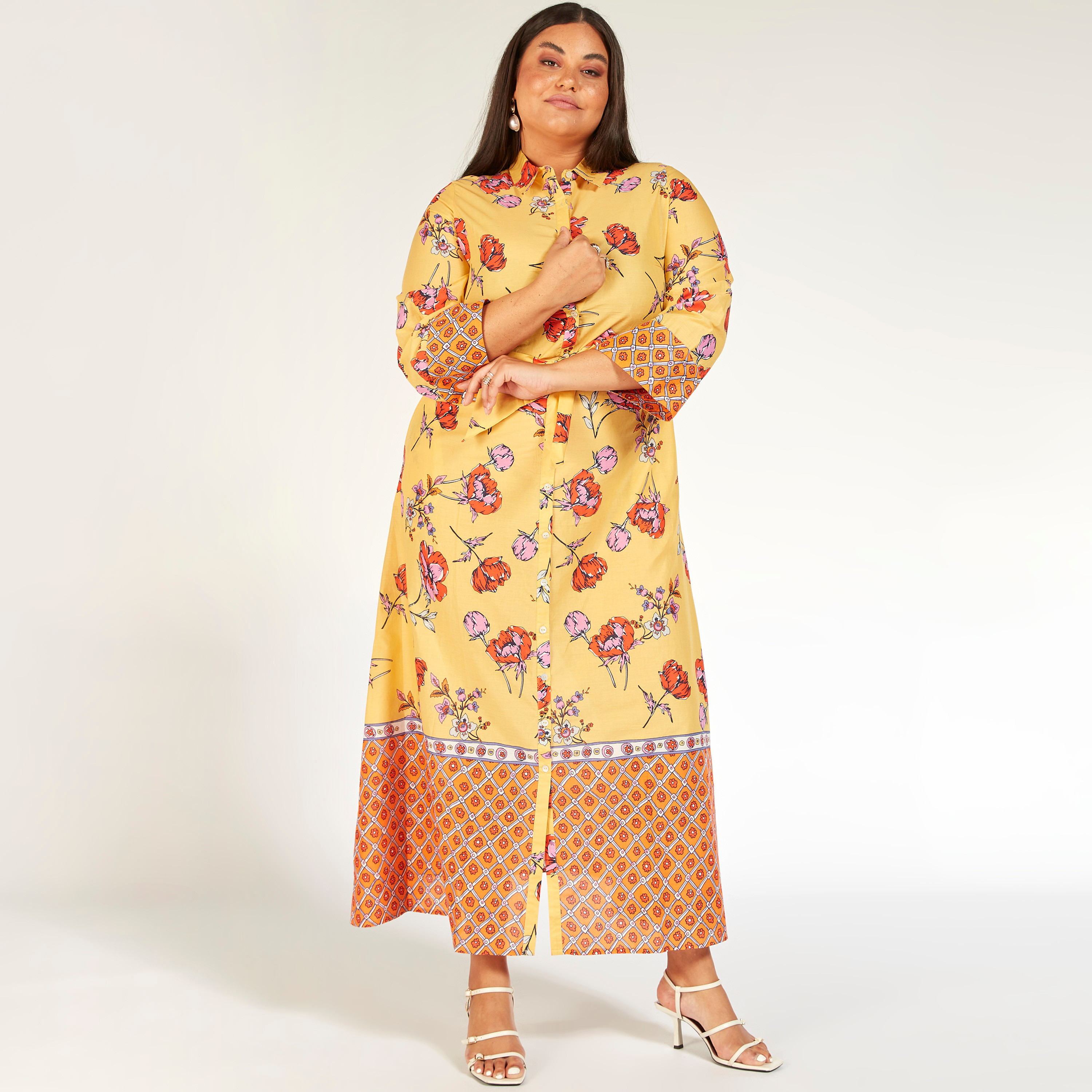 Floral Print Maxi Shirt Dress with 3/4 Sleeves and Tie-Up Belt-women-clothing-dresses-image-1