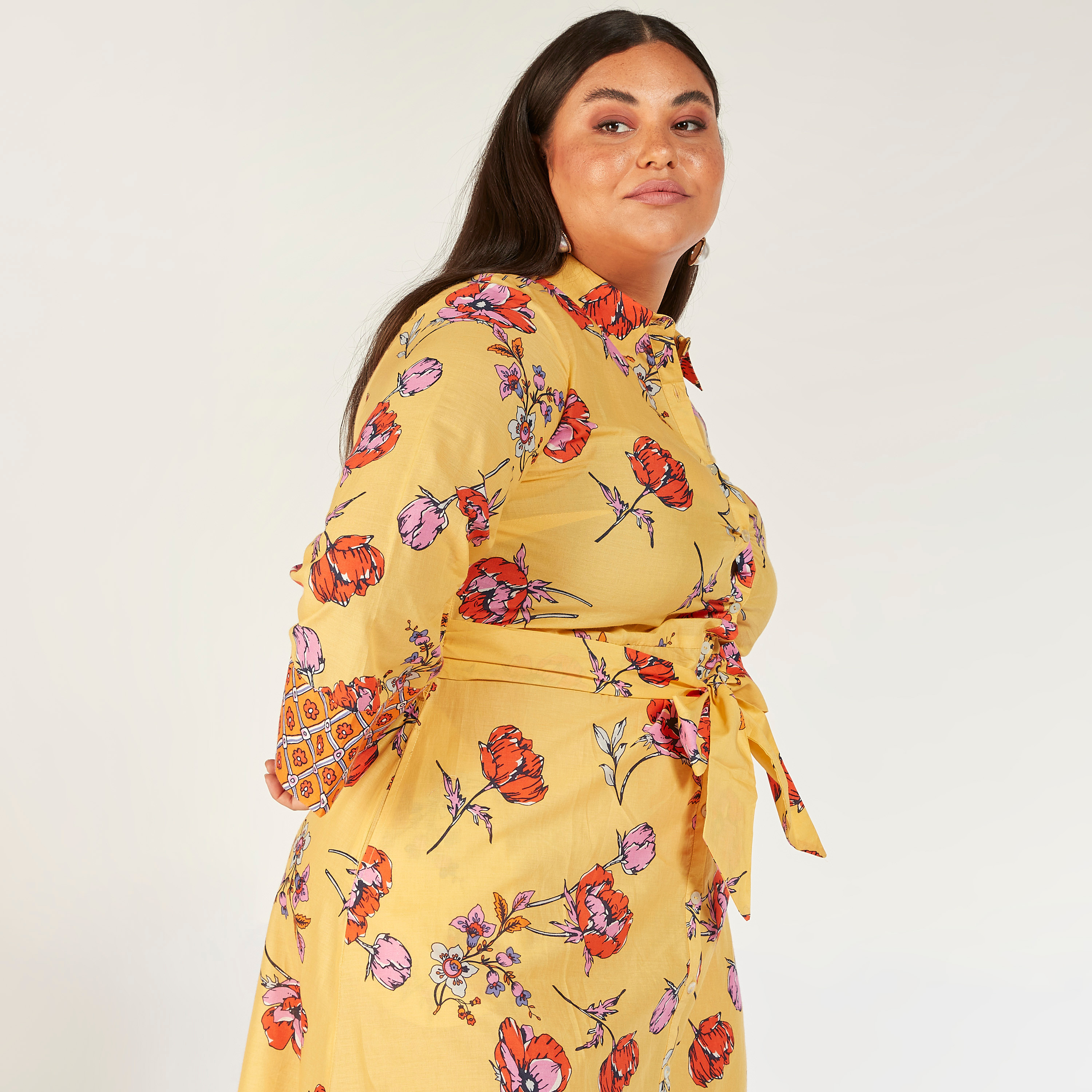 Floral Print Maxi Shirt Dress with 3/4 Sleeves and Tie-Up Belt-women-clothing-dresses-image-2