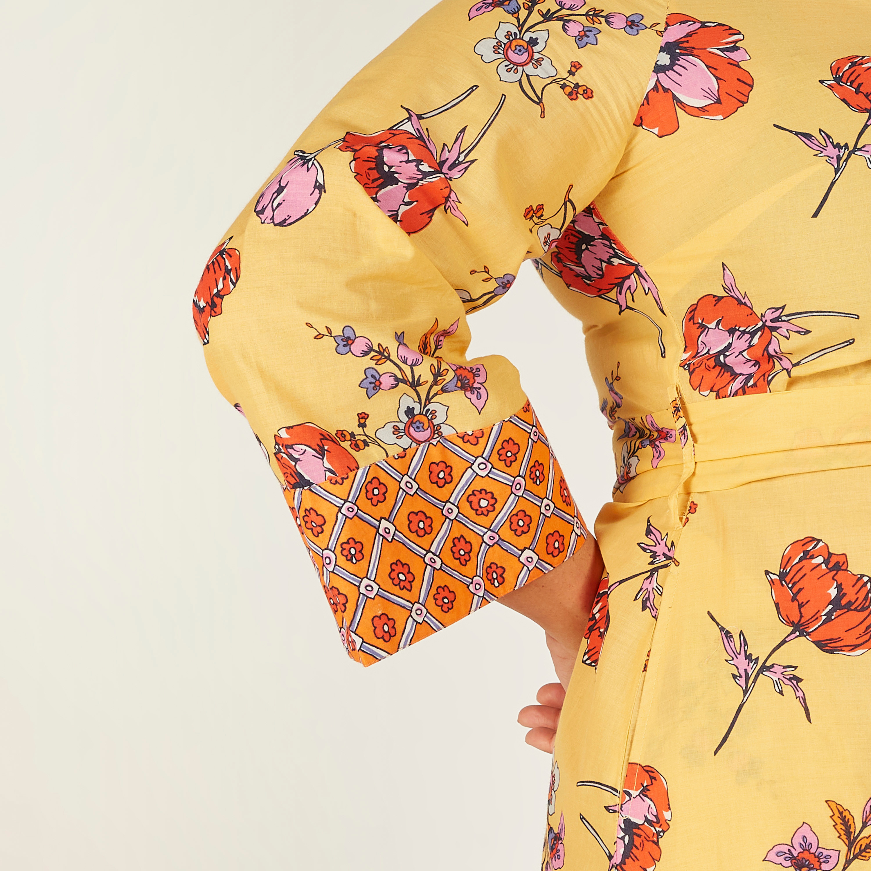 Floral Print Maxi Shirt Dress with 3/4 Sleeves and Tie-Up Belt-women-clothing-dresses-image-3