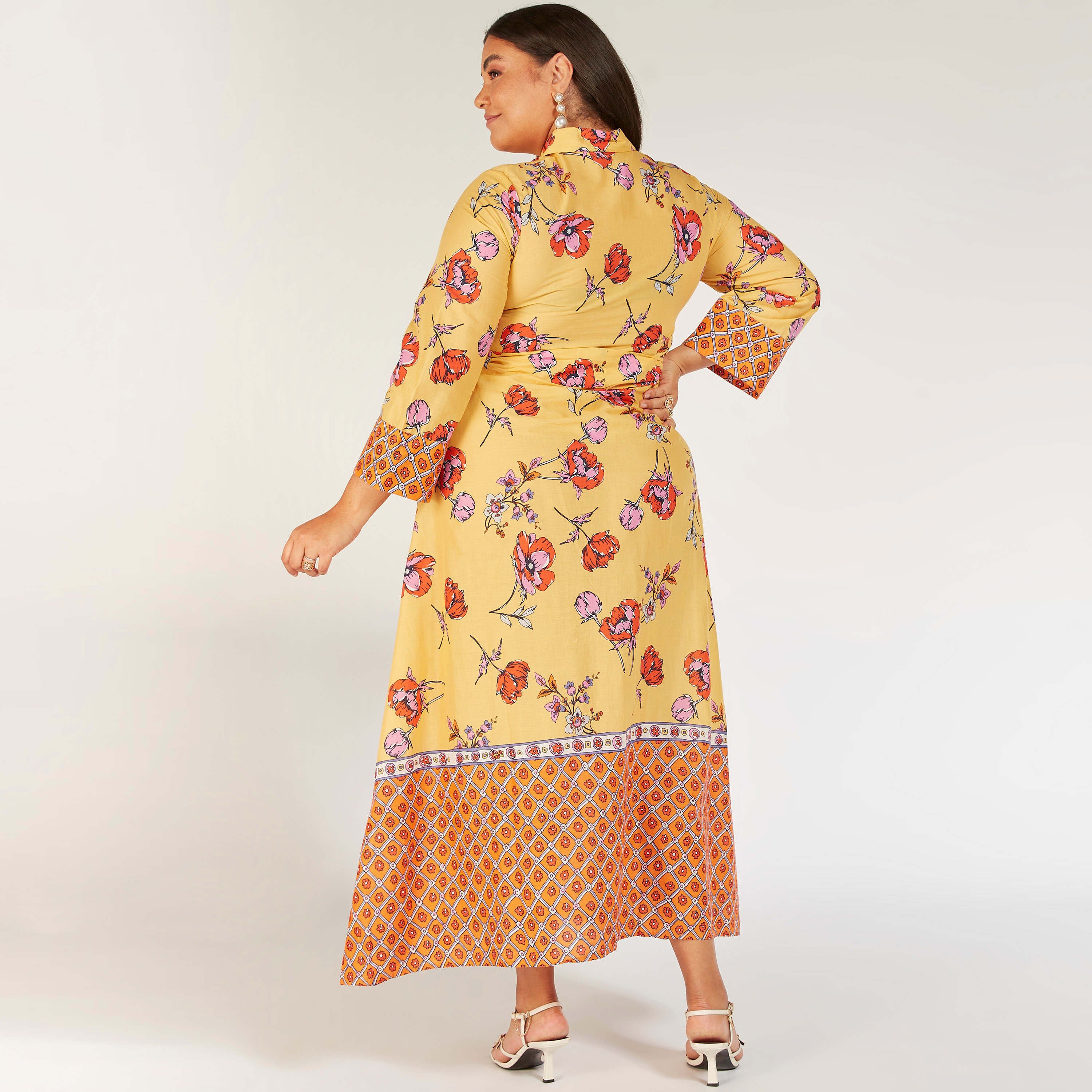 Floral Print Maxi Shirt Dress with 3/4 Sleeves and Tie-Up Belt-women-clothing-dresses-image-4