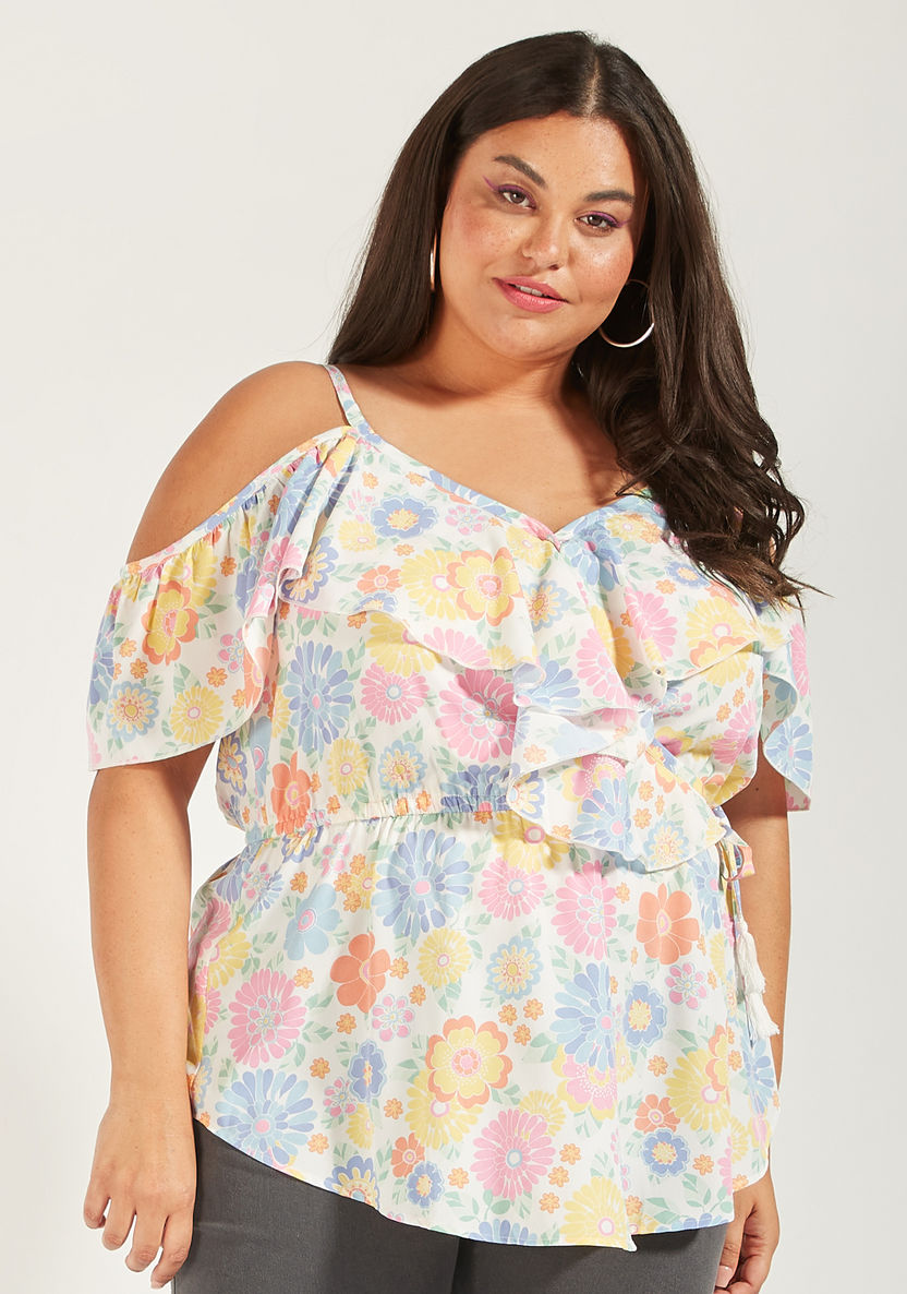 Floral Print Off Shoulder Top with Ruffles-Shirts and Blouses-image-0